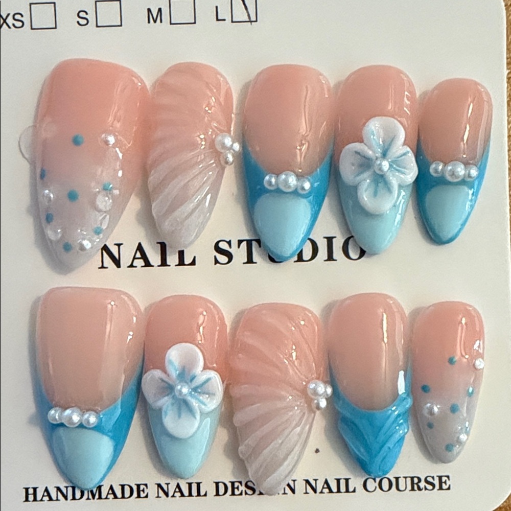 Blue & Nude French tips with Floral and Pearl accents handmade Press-On Nails